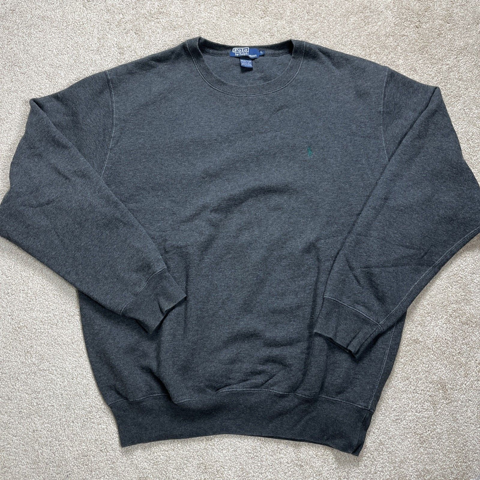 Vtg 90s Polo Ralph Lauren Charcoal Gray Sweatshirt L Green Pony Fleece Usa Made